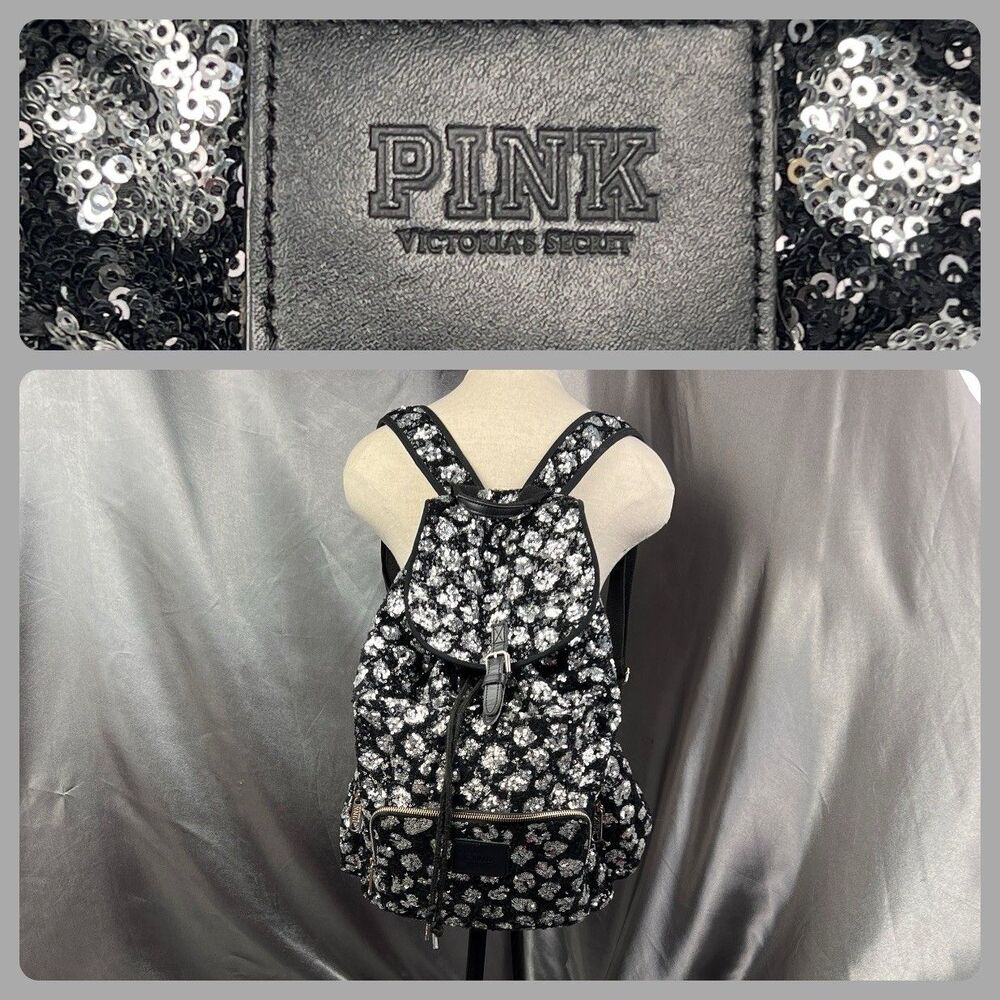 Victoria's Secret PINK Drawstring Silver Sequin Bling Large Backpack Pockets Y2K